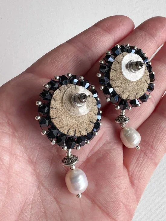 Upcycled Ceramic Pearl Dangle Earrings Blue Statement Studs - Picture 4 of 12